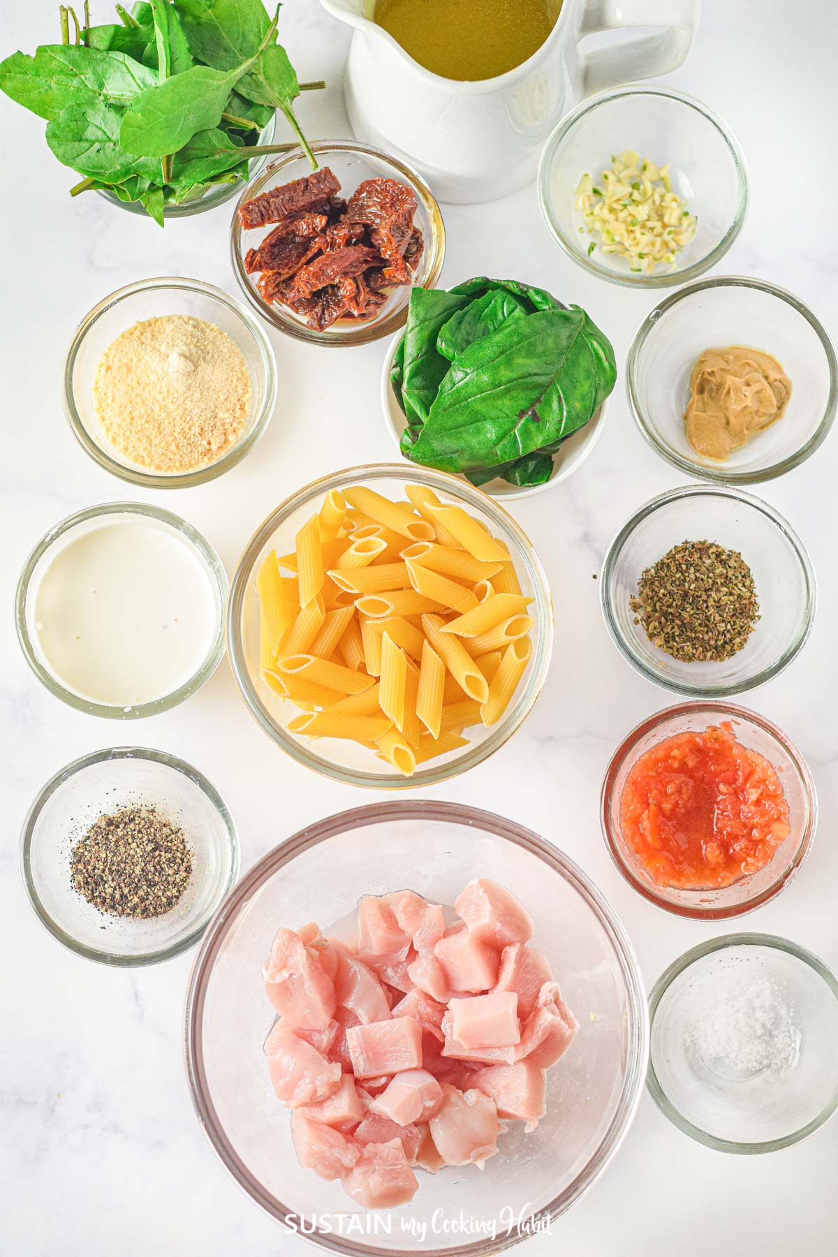 Ingredients in small bowls for Tuscan Pasta