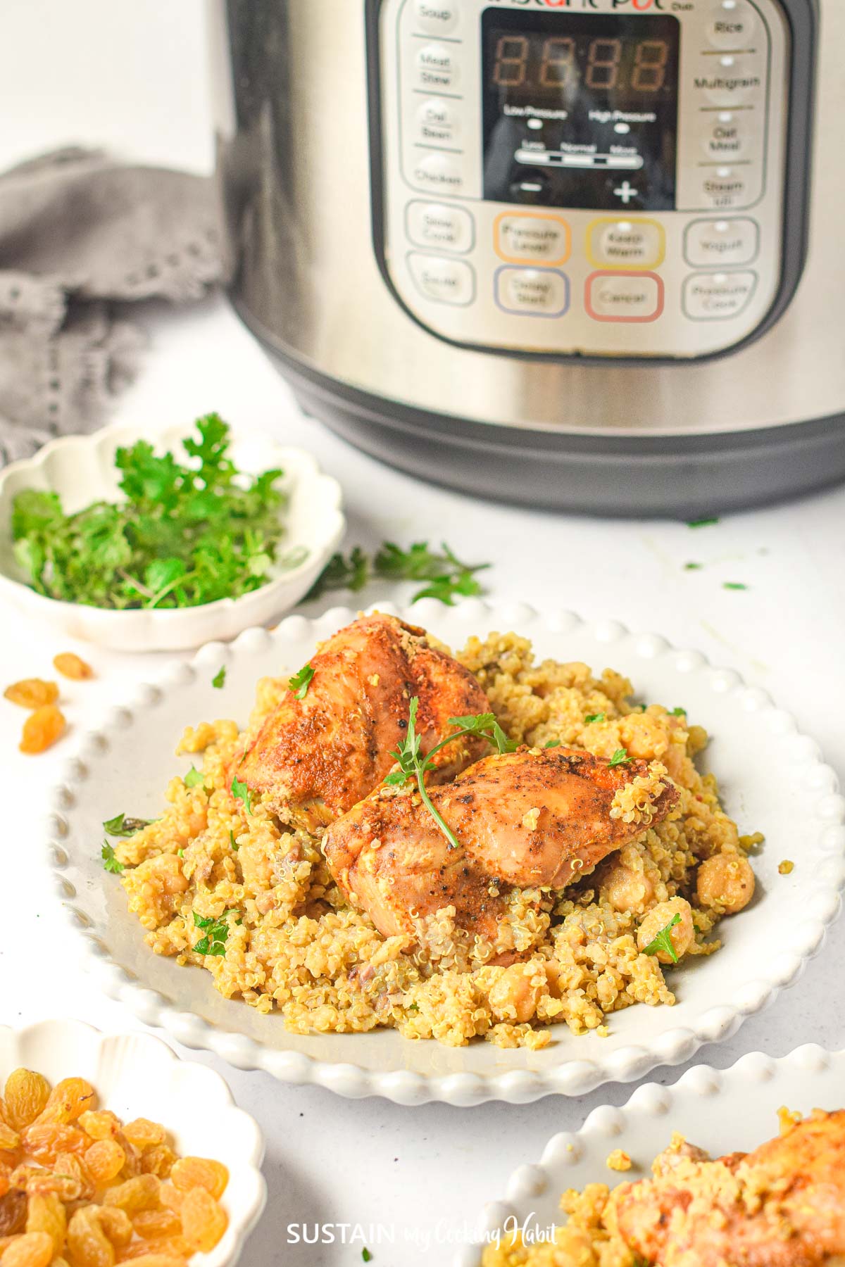 Instant Pot Moroccan chicken served on a plate.