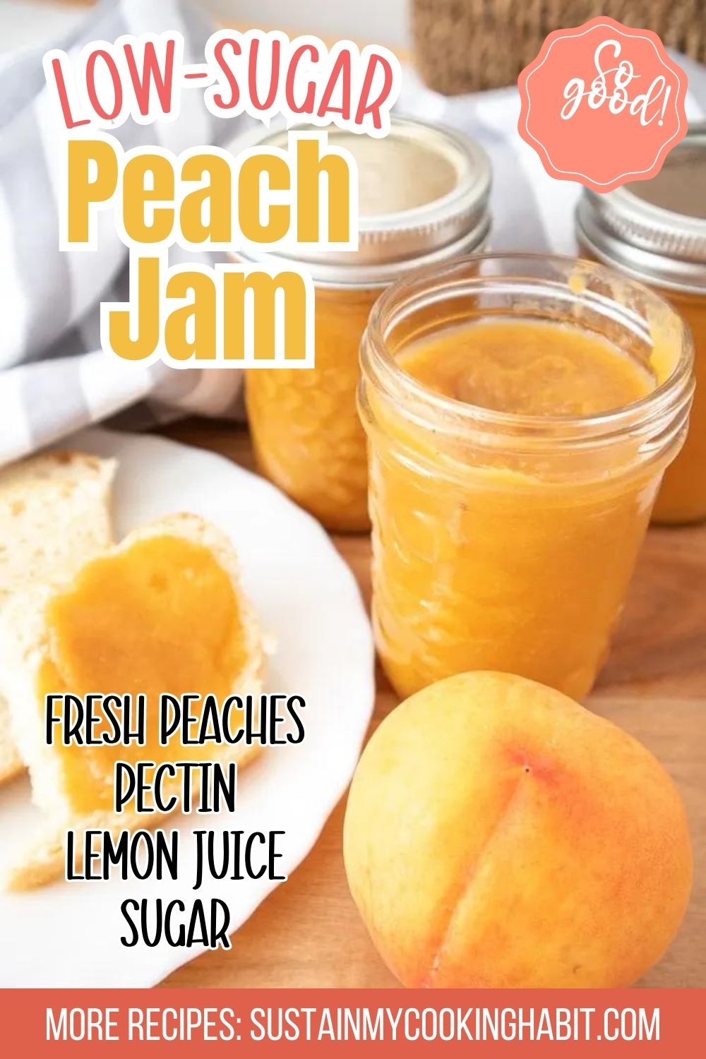 Jars of peach jam on a wood surface surrounded by fresh peaches.