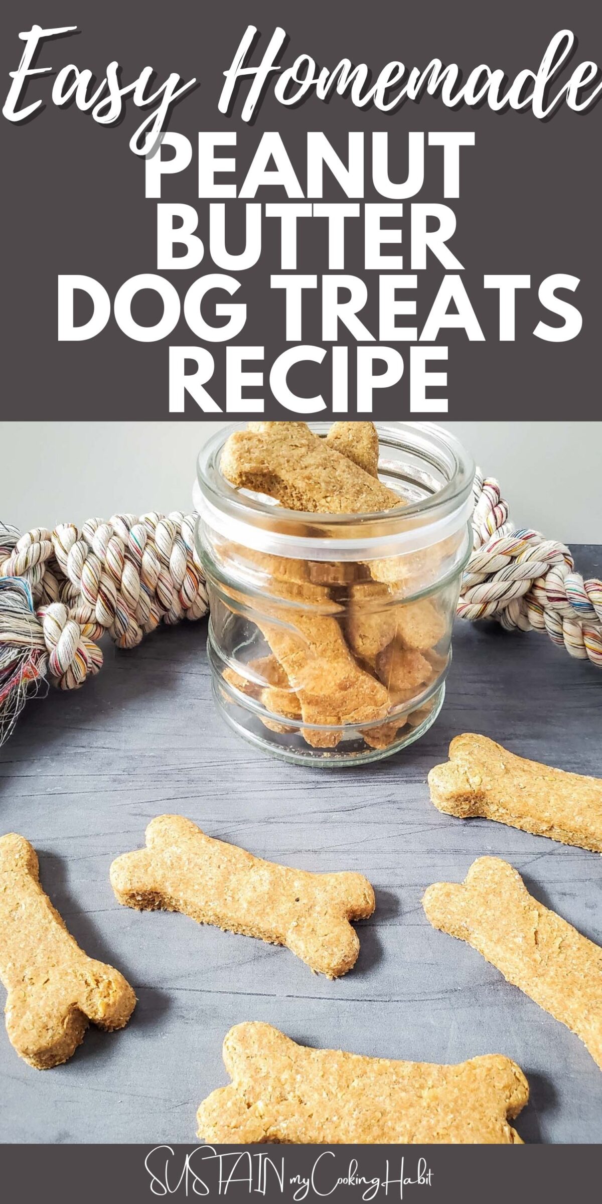 Peanut butter dog treats with text overlay.