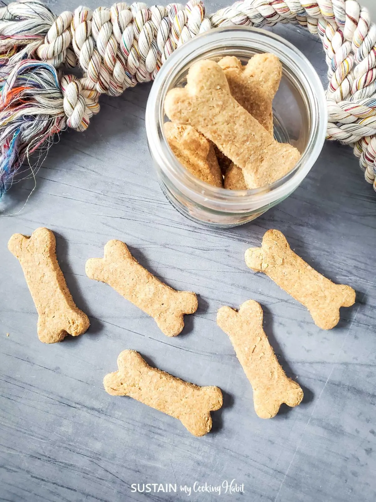 Peanut butter dog treats shaped as bones.