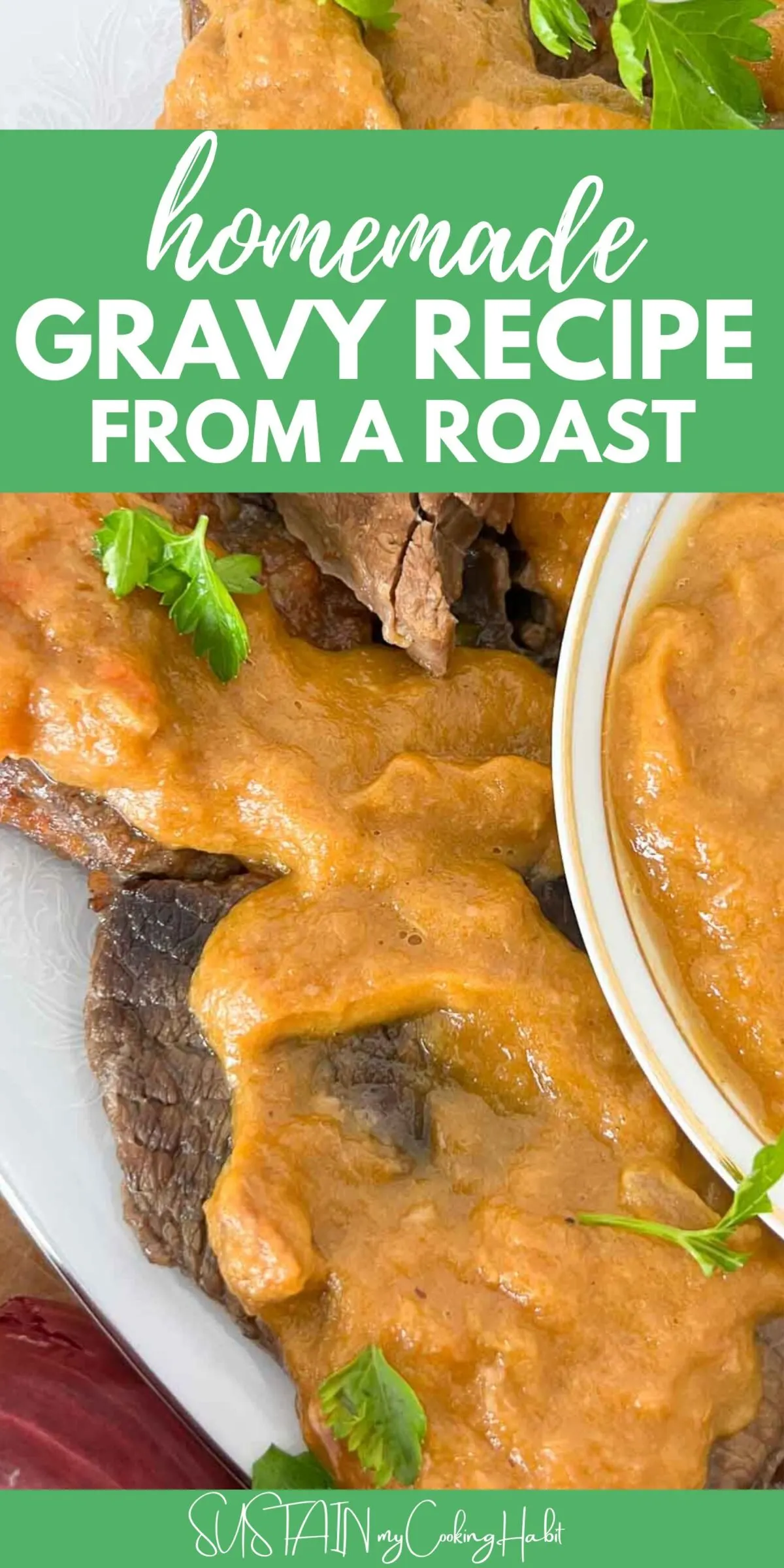 Roast beef smothered in homemade gravy with text overlay.