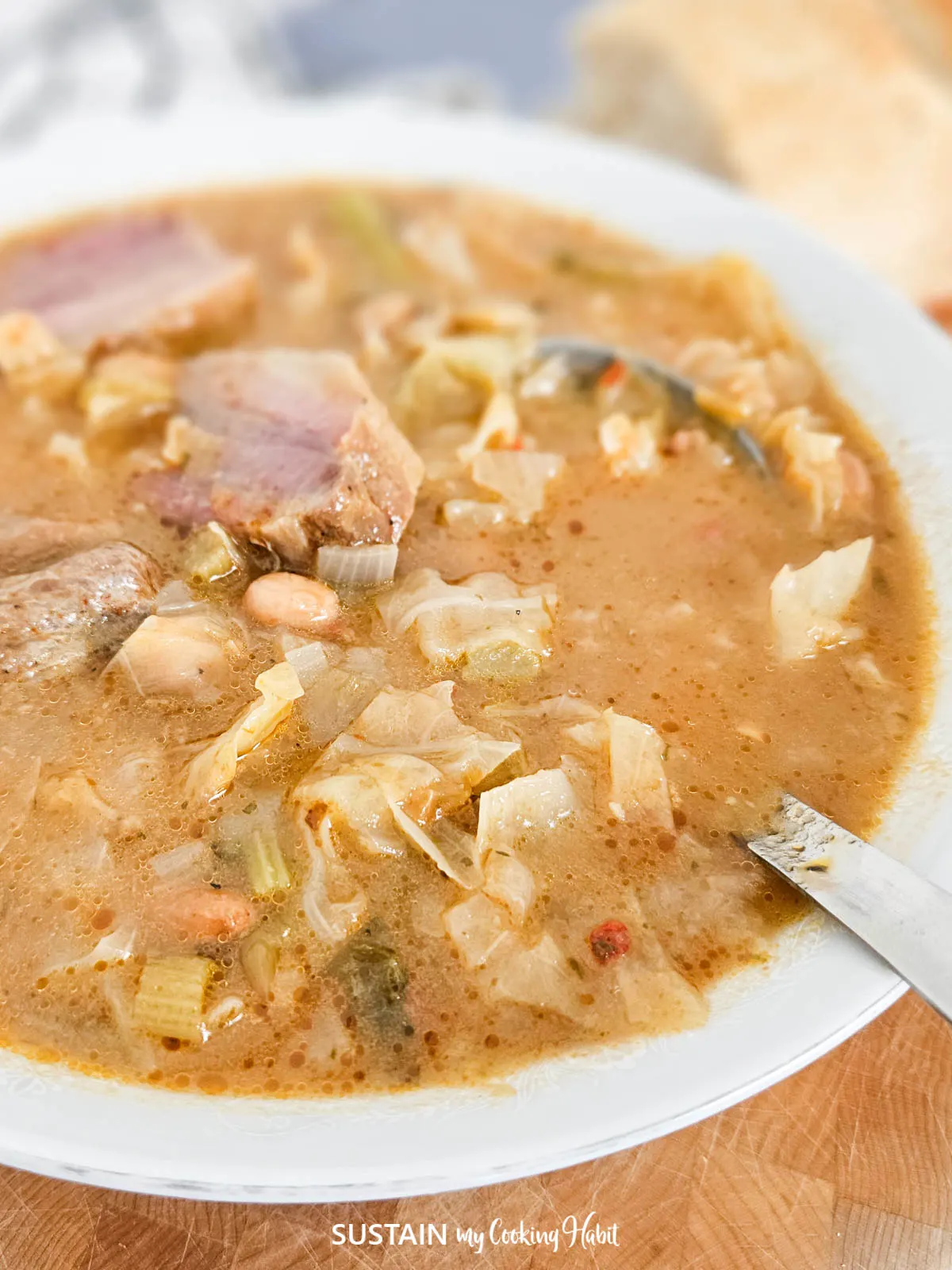 Close up of cabbage and bean soup.