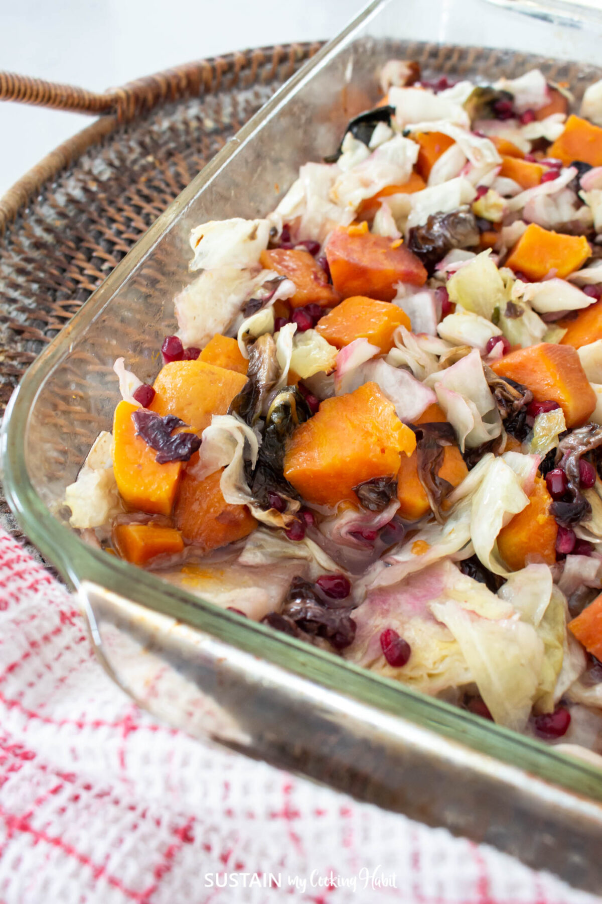 Baked radicchio, sweet potato and cabbage in a baking dish.
