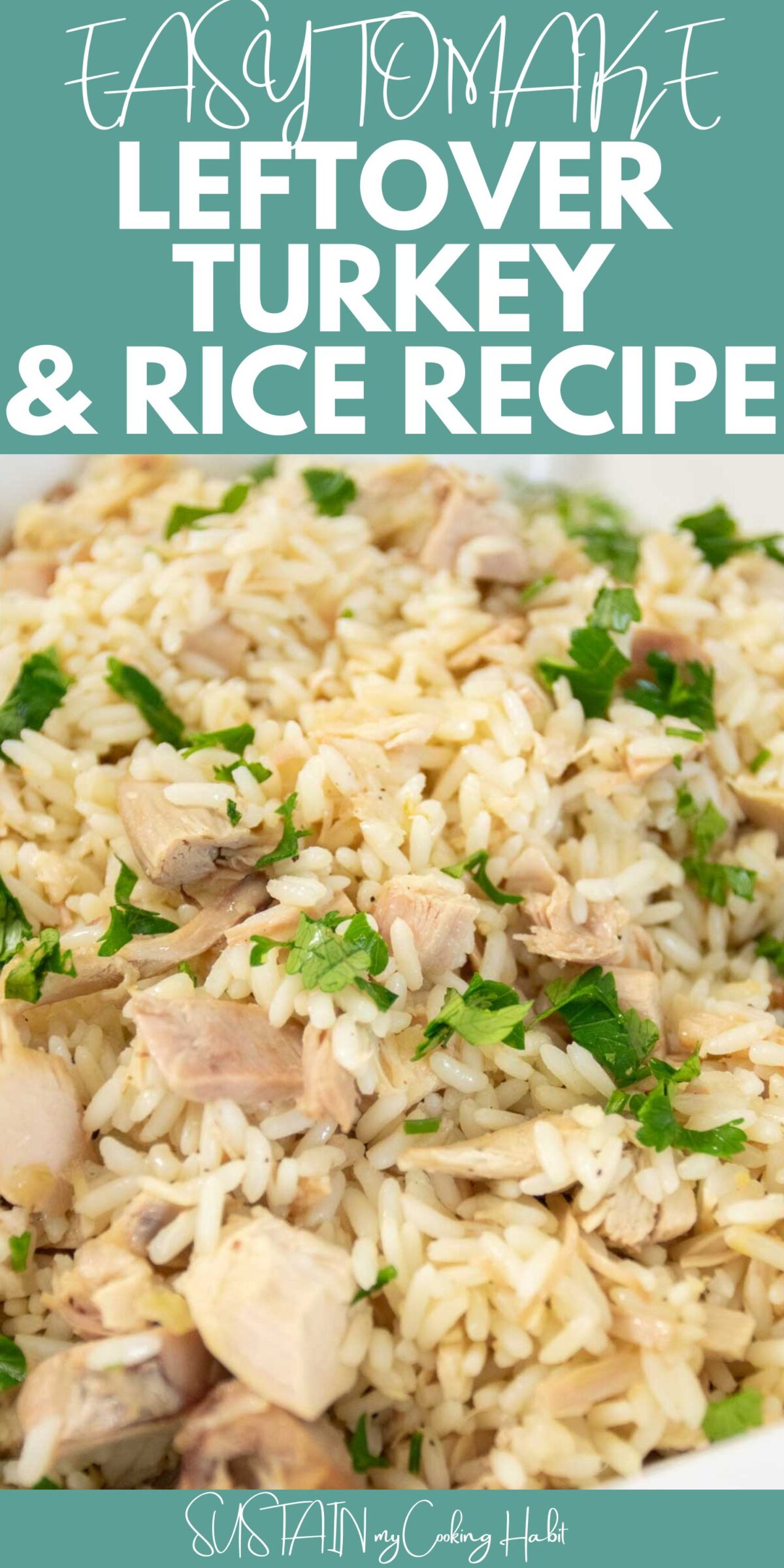 Close up of leftover turkey mixed with cooked rice and garnish with text overlay.