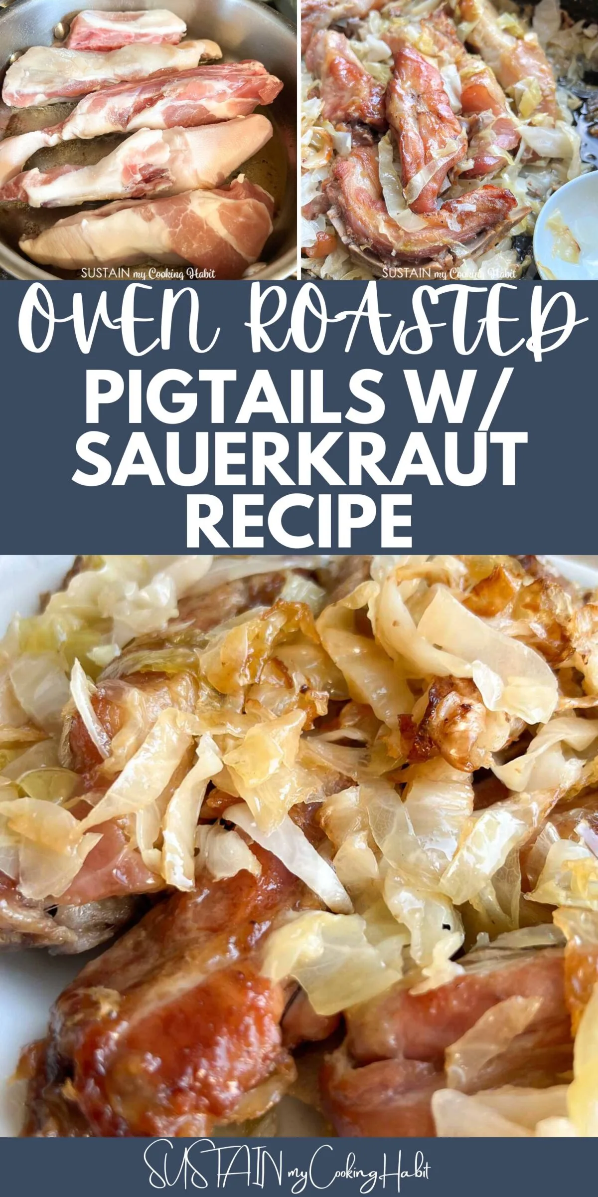 Collage with text overlay showing steps to make pigtails with sauerkraut.
