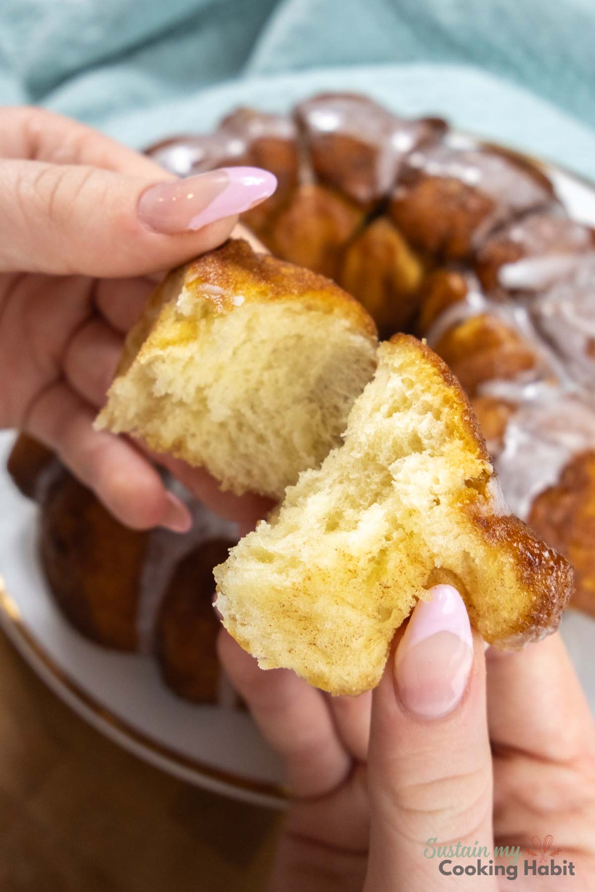 Pulling apart monkey bread. 