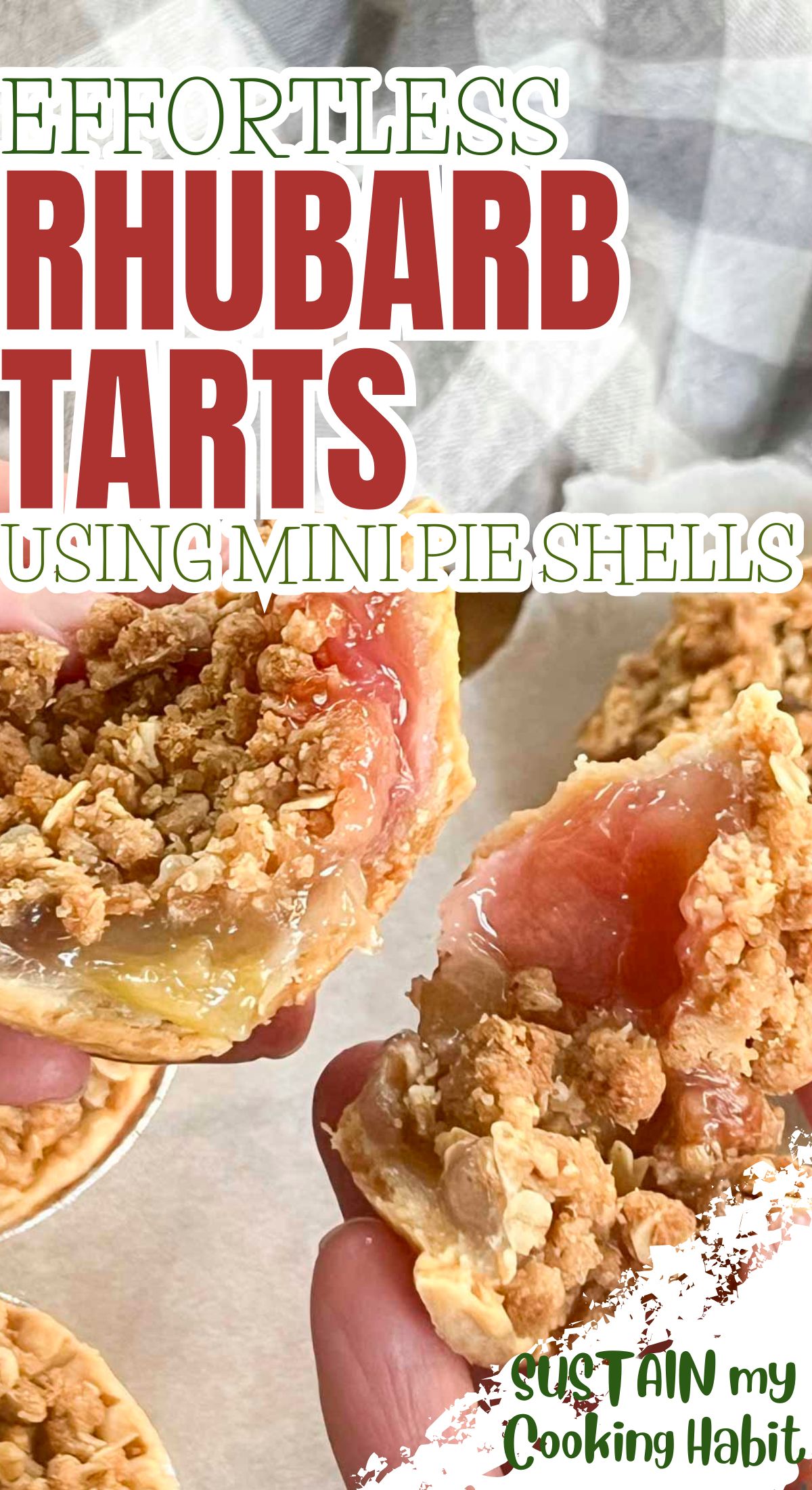 Inside of rhubarb tart with text overlay.