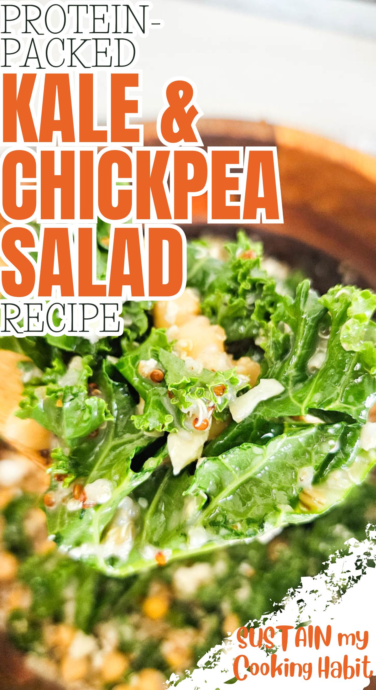 A close up of kale and chickpea salad with text overlay.
