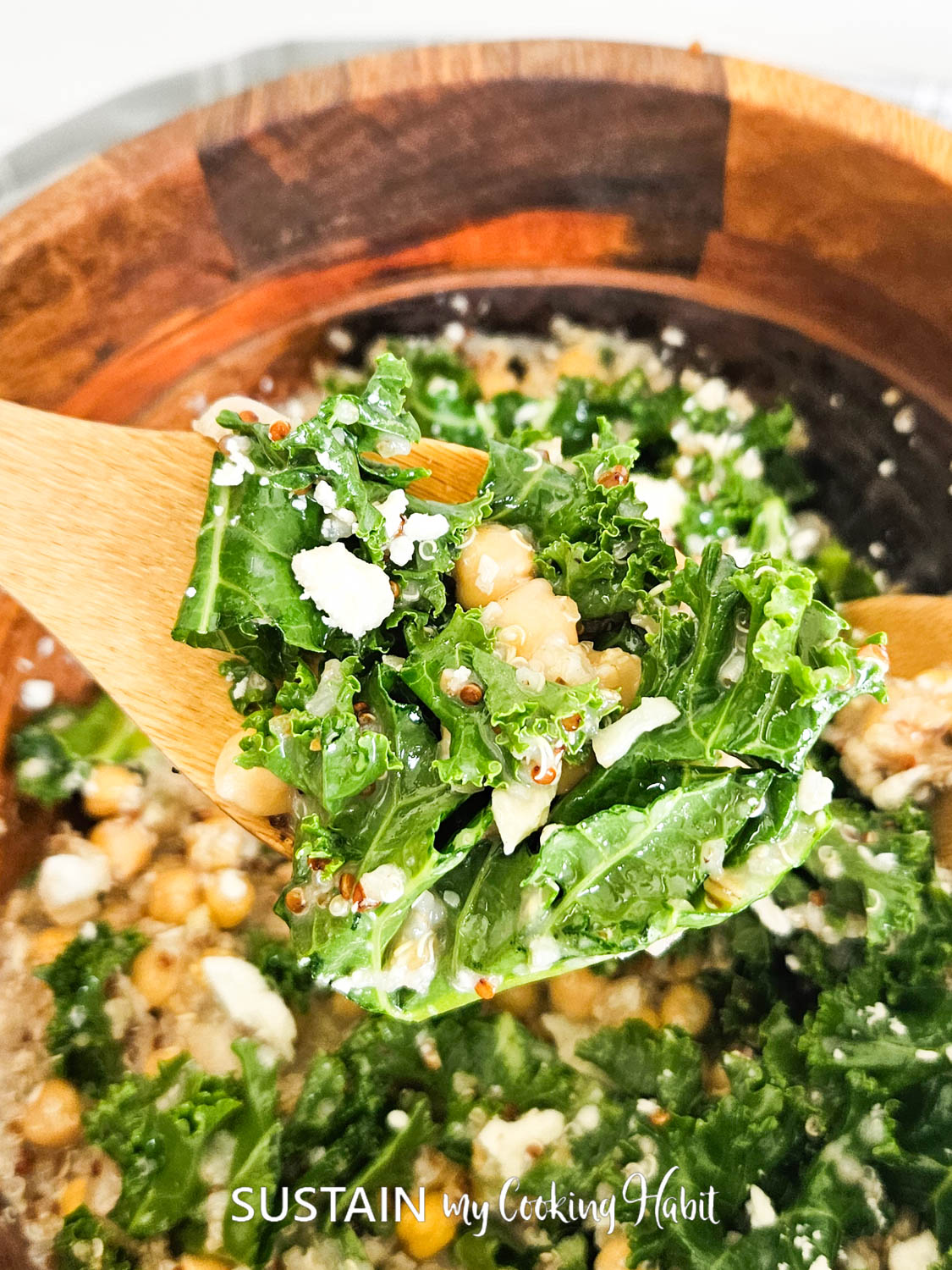 A spoonful of kale and chickpea salad.