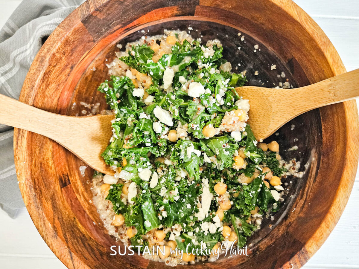 Kale and chickpea salad in a bowl.