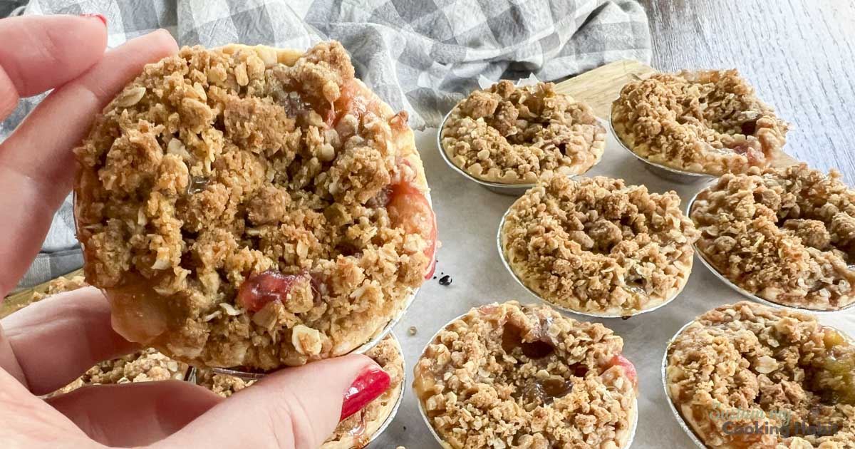 Hand holding a mini rhubarb pie.