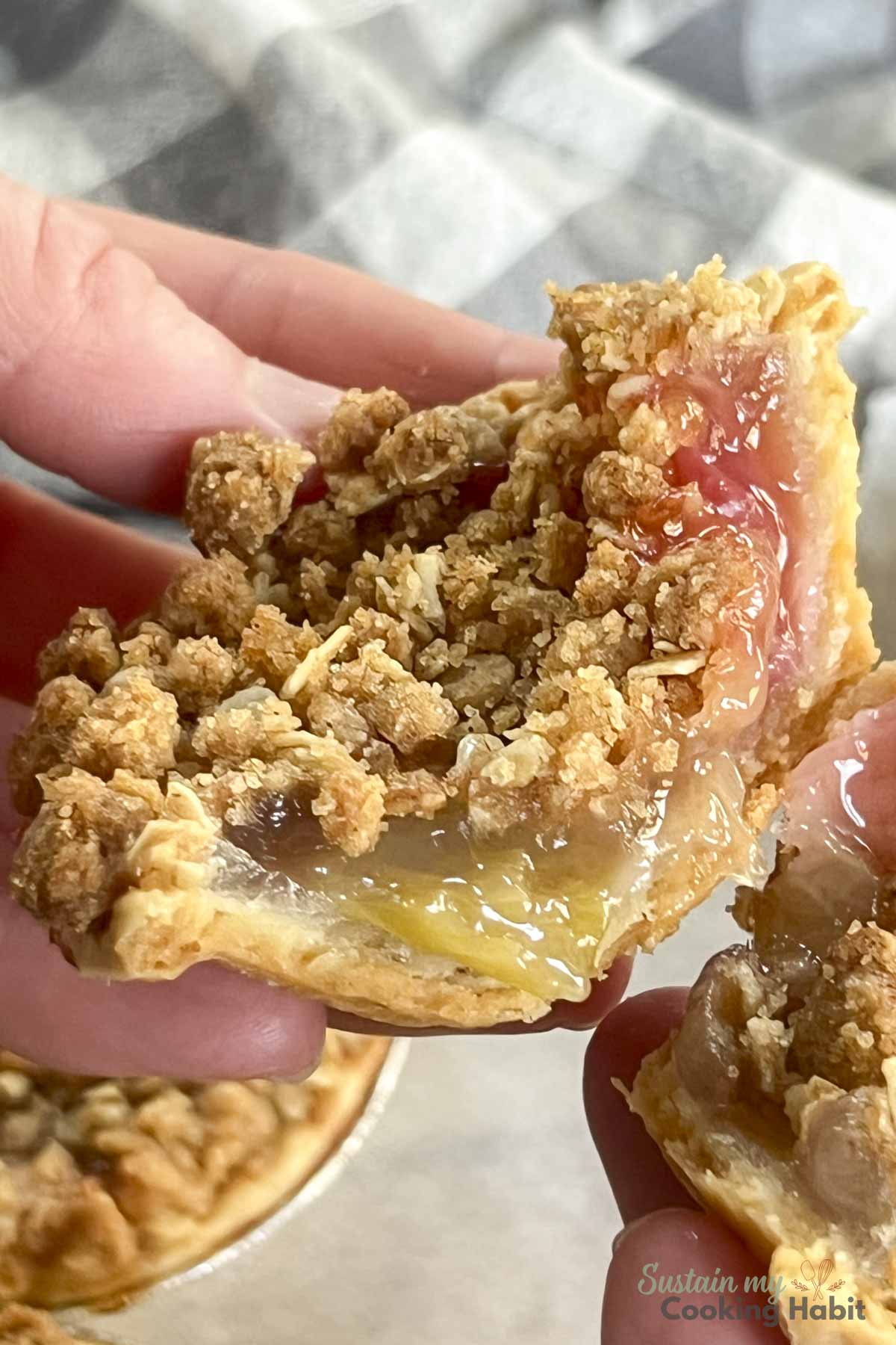 Inside of a rhubarb tart.
