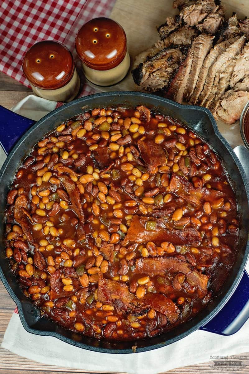 skillet filled with baked beans