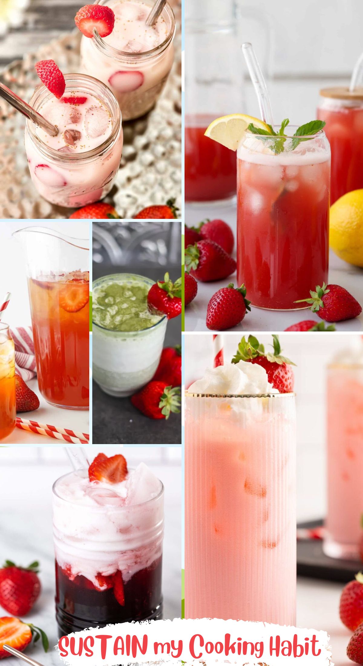 collage of colorful strawberry drinks from smoothies, lattes and sparkling beverages