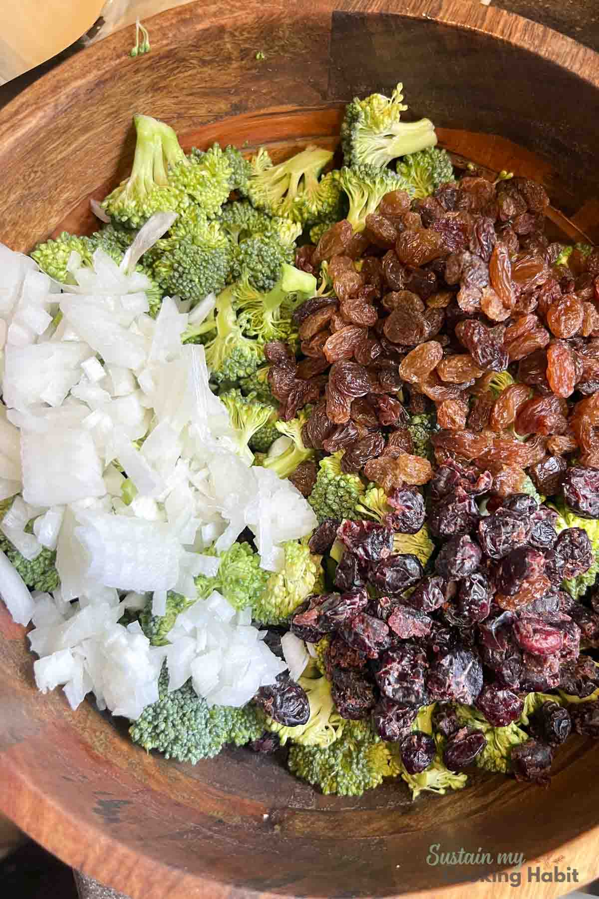 broccoli, vegetables and craisins in a bowl.