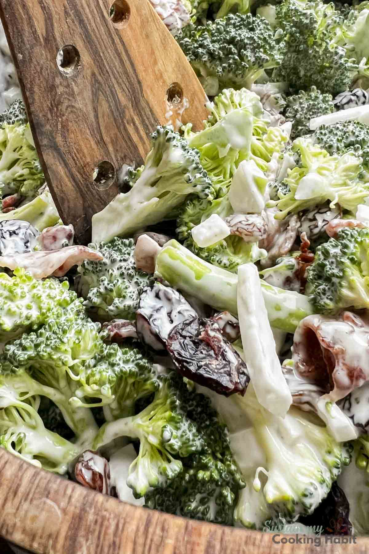 Mixing broccoli and craisin salad with a wooden spoon.