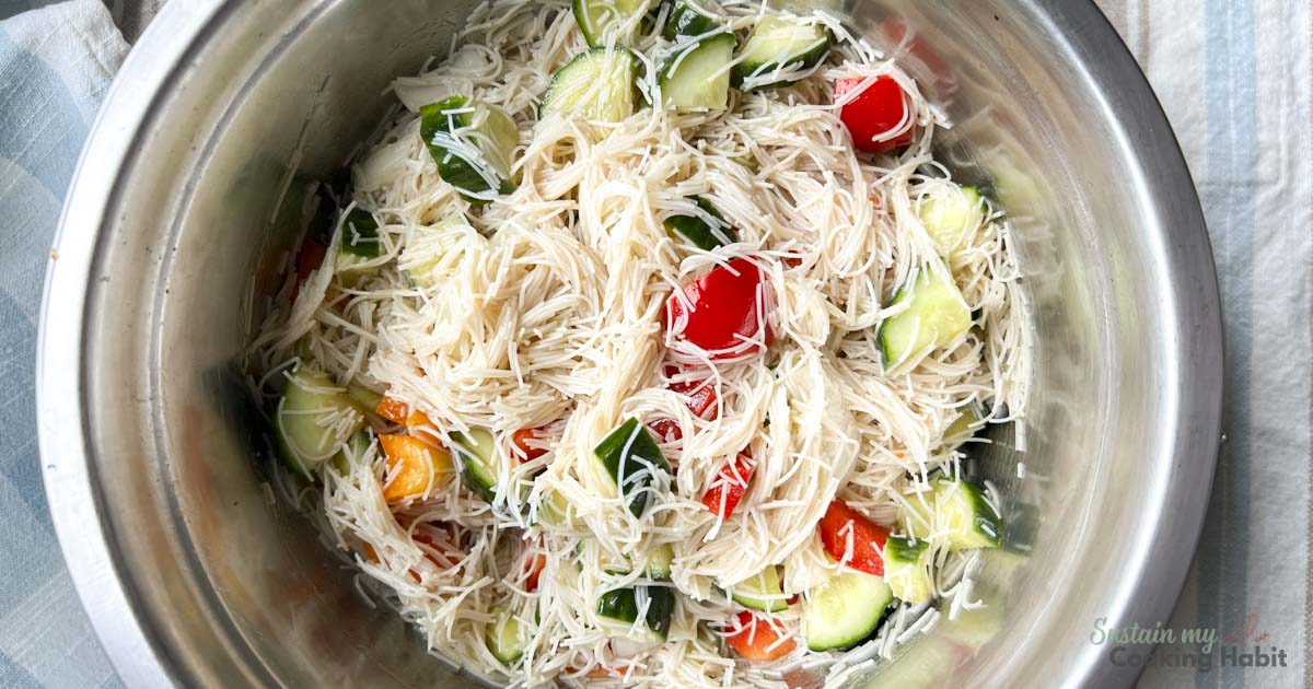 Rice noodle salad with vegetables in a bowl.