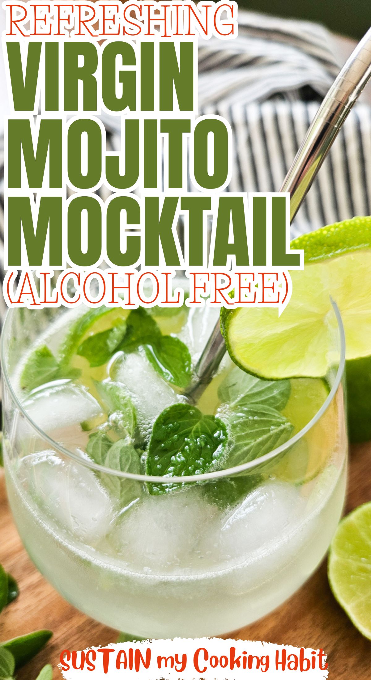 Close up of classic virgin mojito mocktail with text overlay.