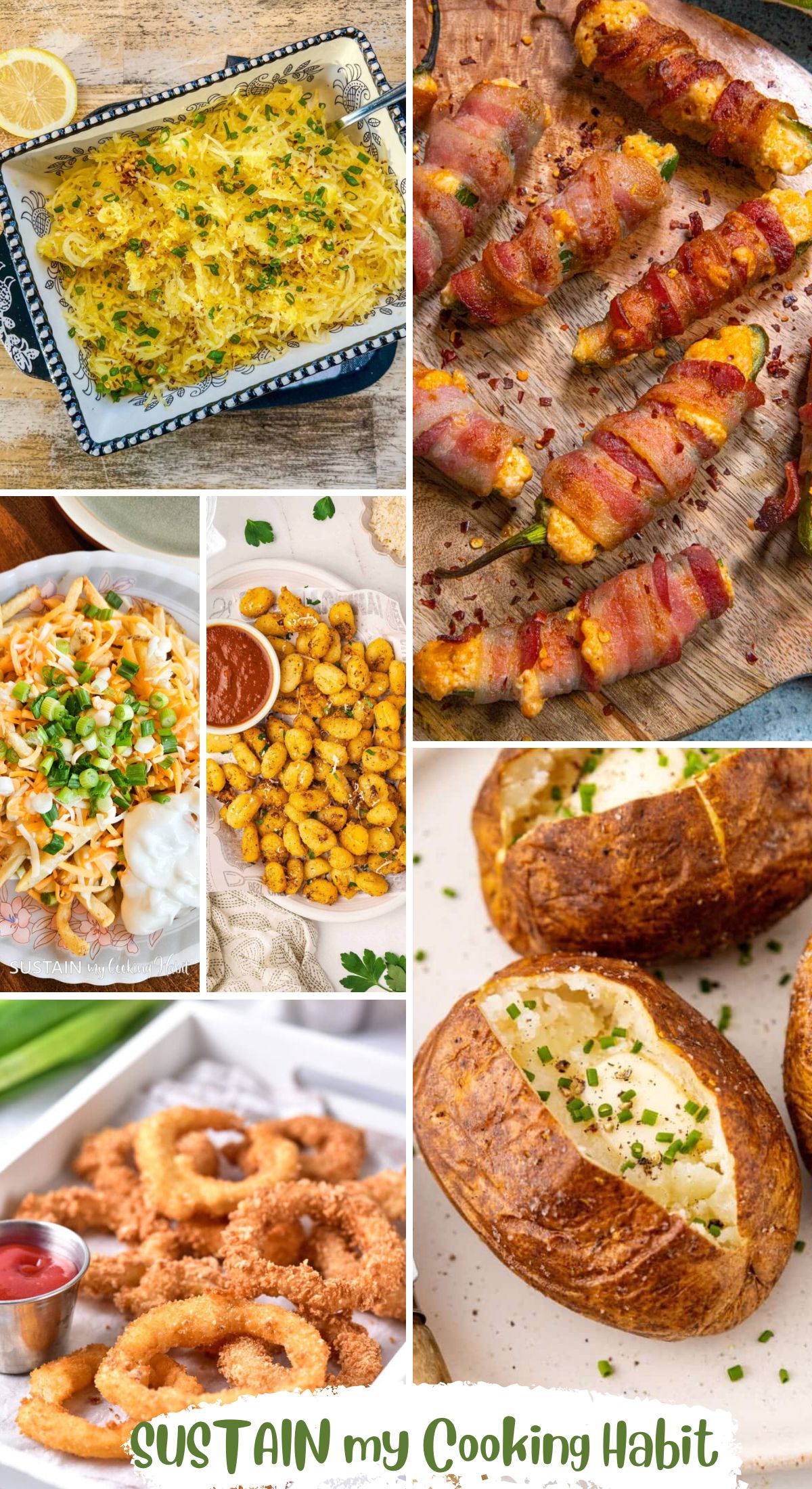collage of air fryer side dishes from squash to bacon, gnocci, loaded fries and baked potatoe
