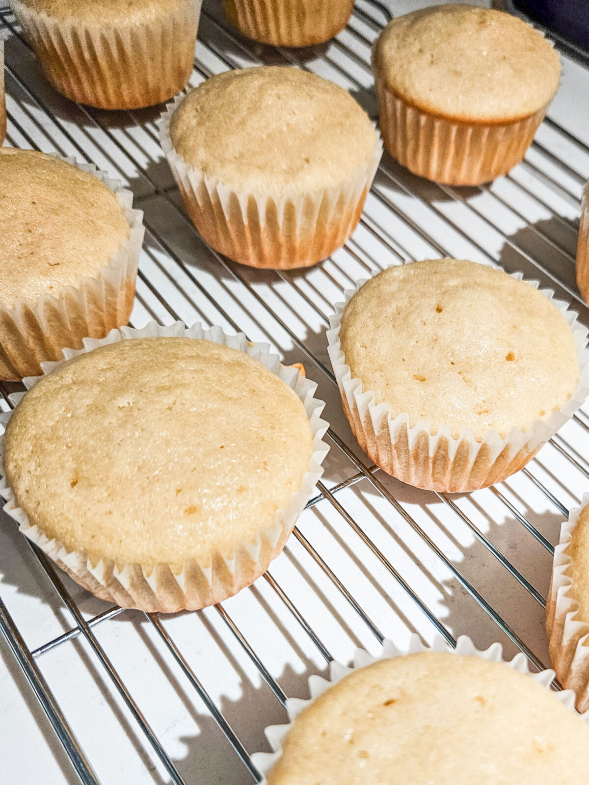 Cupcakes cooling on wire rack.