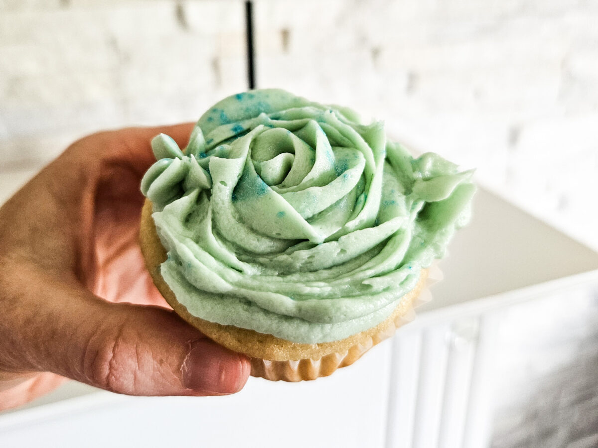 Hand holding a frosted cupcake.